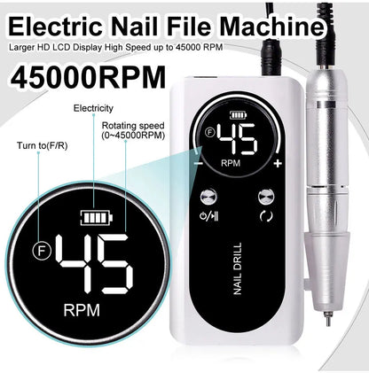 Effortless Precision: Original 45000RPM Rechargeable Nail Drill Machine with LCD - Low Noise Professional Nail Polish Sander, Complete Nails Accessories Set