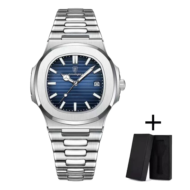 POEDAGAR Luxury Men's Watch – 30ATM Waterproof, Stainless Steel Square Quartz, Luminous Date, Business reloj hombre