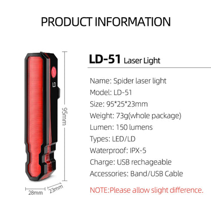 Folding Laser Bike Light - Front & Rear Safety Warning, USB Rechargeable, Waterproof Cycling Lamp