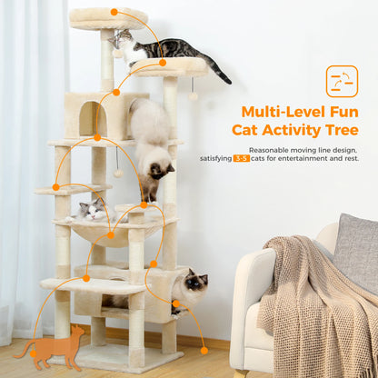 Large Cat Tree Tower – Multi-Level Plush Indoor Cat Condo with Scratching Posts, Boards, Perches & Caves