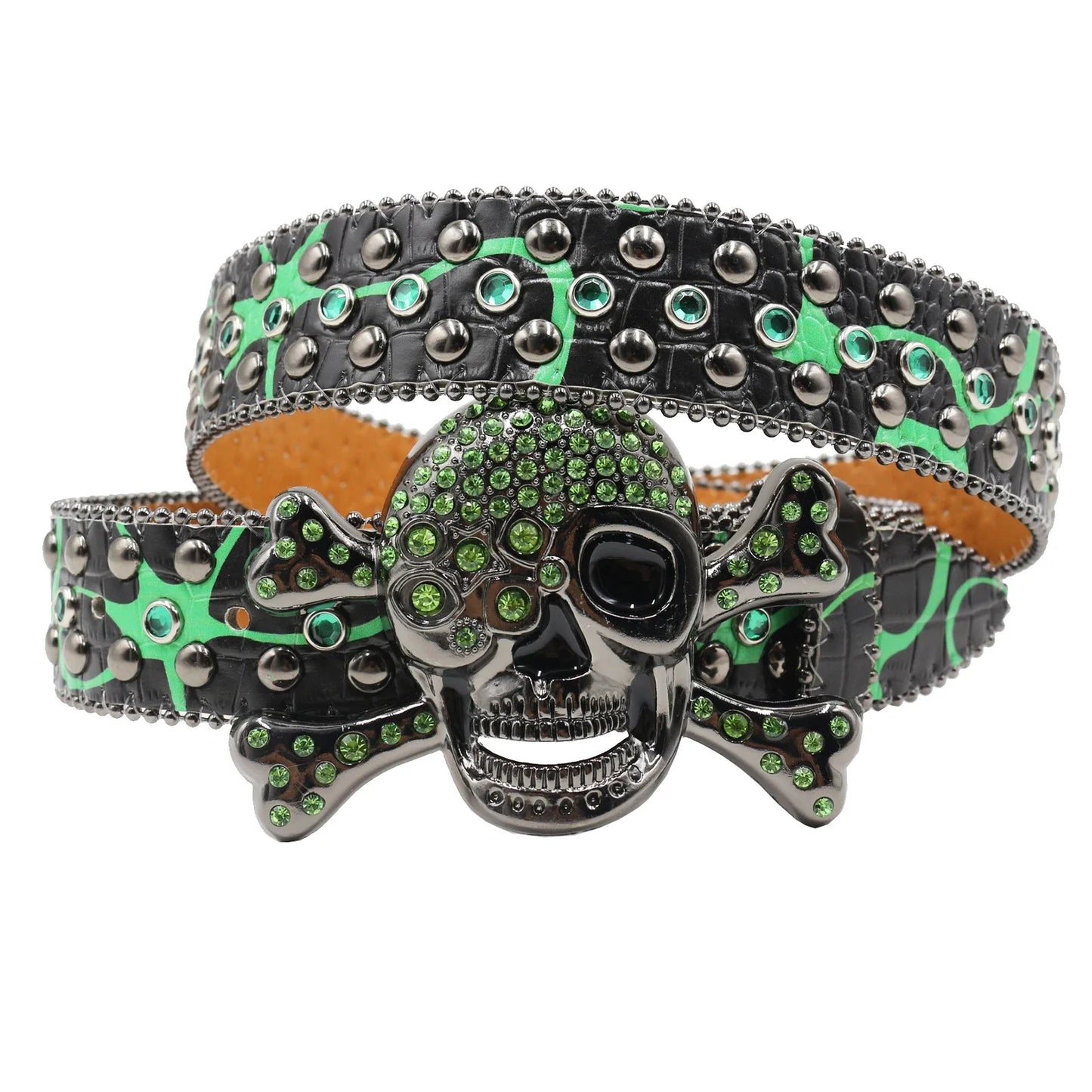 Women’s Rhinestone Skull Leather Belt – Luxury Designer Studded Strap for Jeans, White & Black