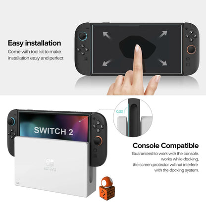 Tempered Glass Screen Protector for Nintendo Switch 2 — Includes Joystick Cap Accessories
