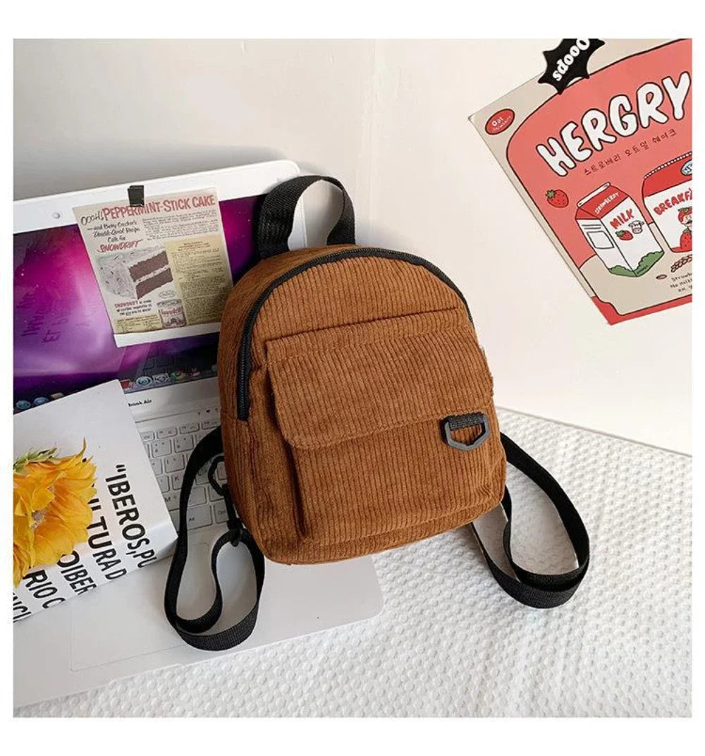 Women's Mini Backpack - Fashionable Solid Color Corduroy Casual Schoolbag with Large Capacity