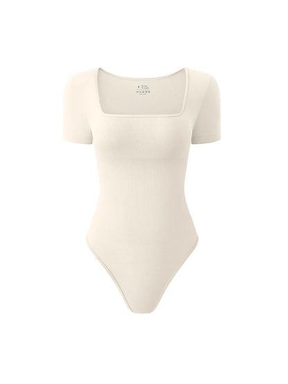 Women’s Early Autumn Square Neck Seamless Bodysuit – Short Sleeve Solid Color Body Shaping Jumpsuit Top