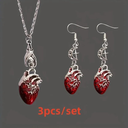 Gothic Vampire Bat & Bloody Heart Pendant Necklace – Pagan Witch Jewelry, Anatomy Heart Halloween Accessory Gift