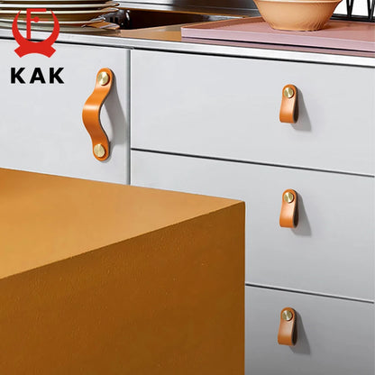 KAK Cowhide Leather Cabinet Handles – Nordic Style Furniture Pulls for Kids Room, Brass & Copper Kitchen Drawer Knobs, Door Hardware
