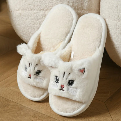 Cute Cat Plush Flip Flops - Warm Fuzzy Cartoon Animal Indoor House Slippers