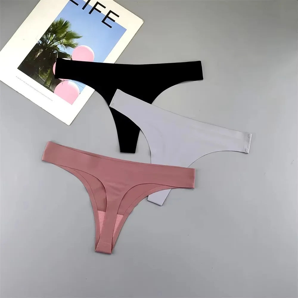 3PCS Ice Silk Seamless Thong Set for Women – Solid Low Rise Sexy G-String Sports Underwear, S-XL Sizes