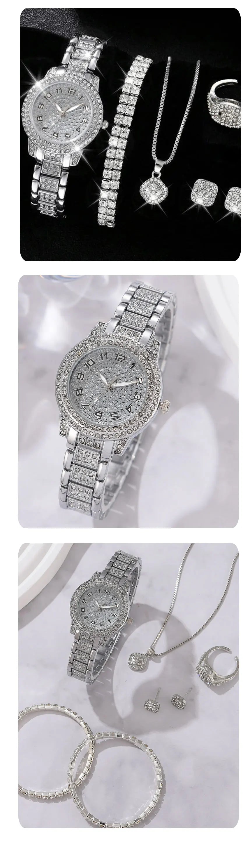 6PCS Women's Elegant Crystal Watch Set – Luxury Alloy Quartz Wristwatches with Rhinestone Bracelet, Perfect Gift for Ladies