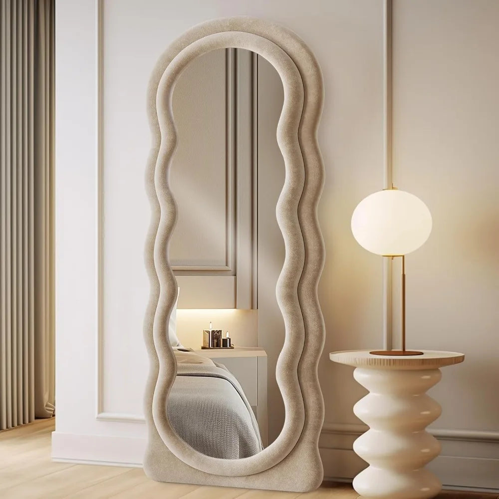 Full-Length Arched Floor Mirror – 63"x24" Wavy Full Body Mirror with Stand, Wall Mounted Leaning Milk Tea Flannel Frame