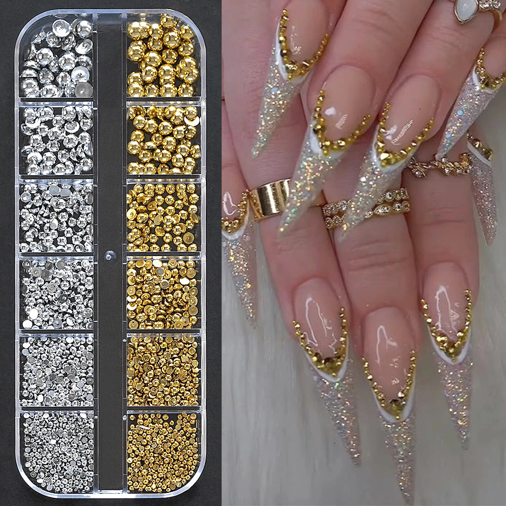 12-Grid 3D Glass AB Crystal Nail Art Rhinestones Kit – Flatback Round Beads with Tools for Nail Jewelry & Diamond Decoration