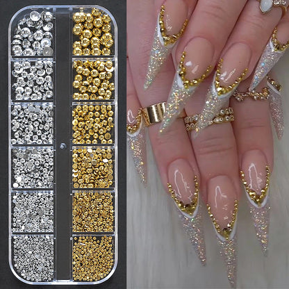 12-Grid 3D Glass AB Crystal Nail Art Rhinestones Kit – Flatback Round Beads with Tools for Nail Jewelry & Diamond Decoration
