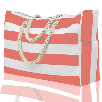 Striped Waterproof Canvas Beach Bag – Zippered Foldable Tote for Outdoor Travel and Vacation, Sand-Resistant Design