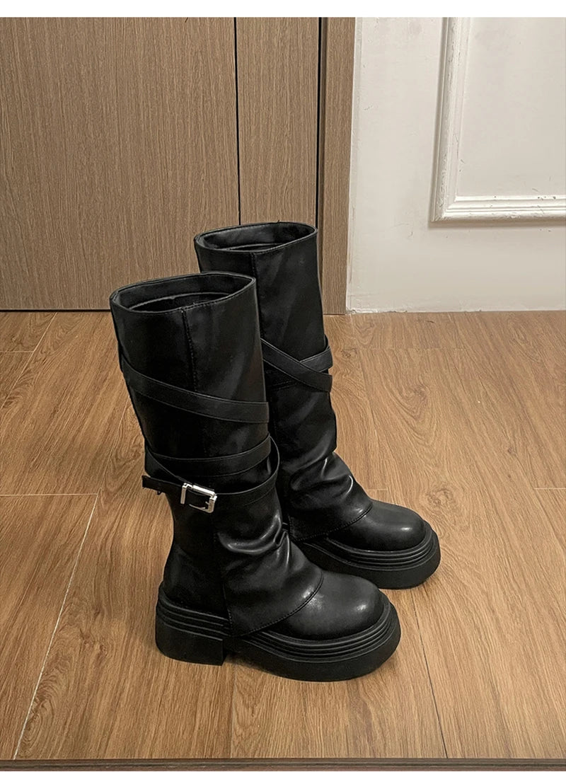 Vintage Thick Heel Women’s Knee-High Boots – Slip-On Fashion Booties for Autumn & Winter