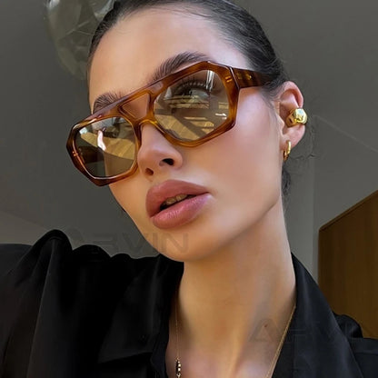 Vintage Square Sunglasses – Thick Frame, Double Bridges, Chic Polygon Eyewear for Women & Men, Leopard & Blue Fashion Sunglasses