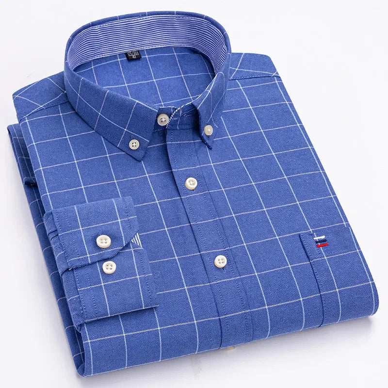 Men’s Cotton Oxford Shirt - Smart Casual Long Sleeve Plaid Print Dress Shirt, Regular Fit up to 6XL