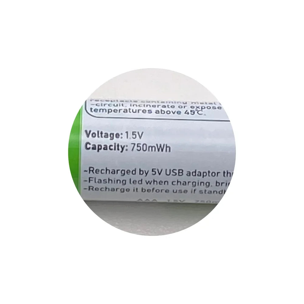High-Capacity 1.5V AAA 750 mWh USB Rechargeable Li-Ion Battery - Cable, Ideal for Remote Controls and Wireless Mice