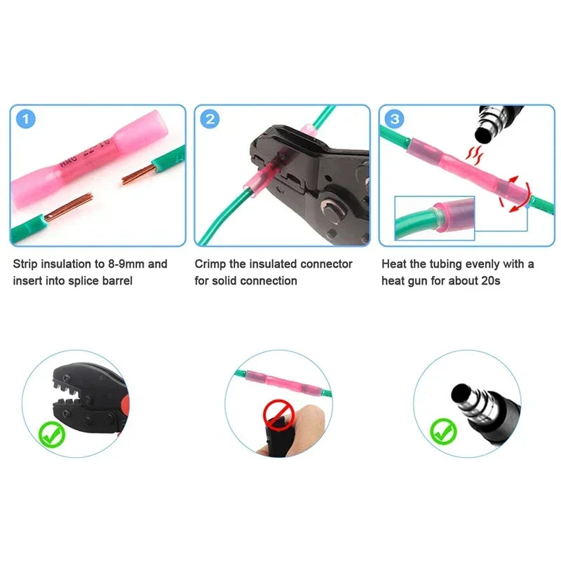 10/50/100/200PCS Heat Shrink Butt Connectors – AWG 24-10 (0.3-6.0mm²) Waterproof Insulated Wire Crimp Terminals for Automotive Cables