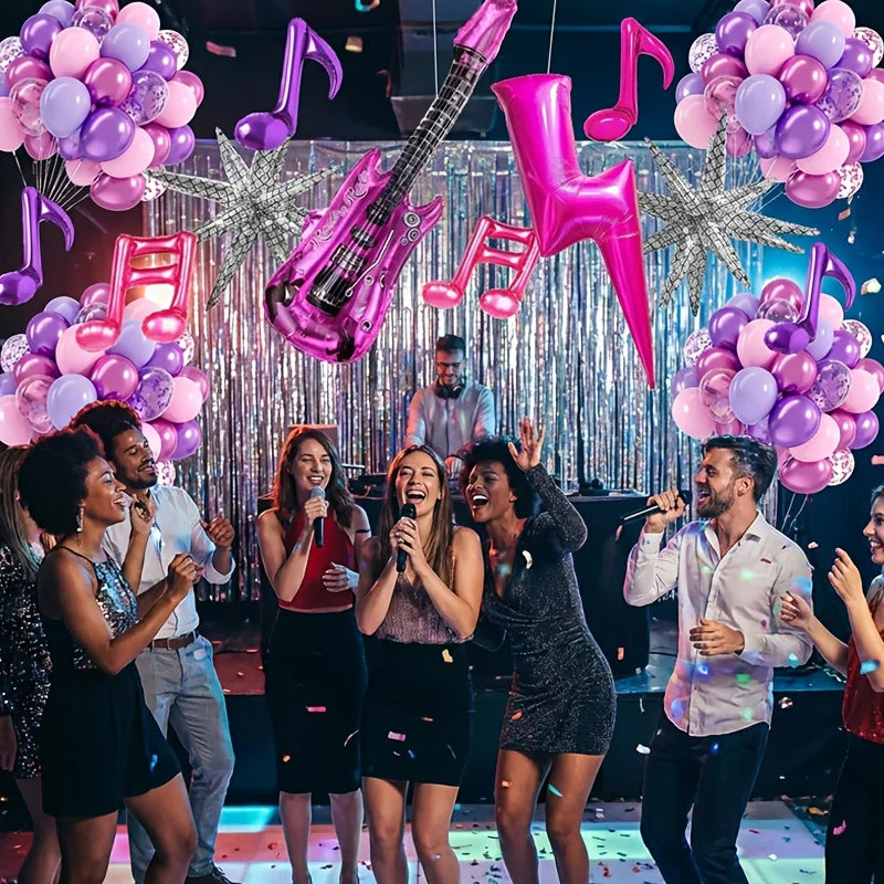 7-Piece K-Pop Music Birthday Balloon Set - Guitar, Disco Ball, and Musical Symbol Decorations for Birthdays and Anniversary Parties