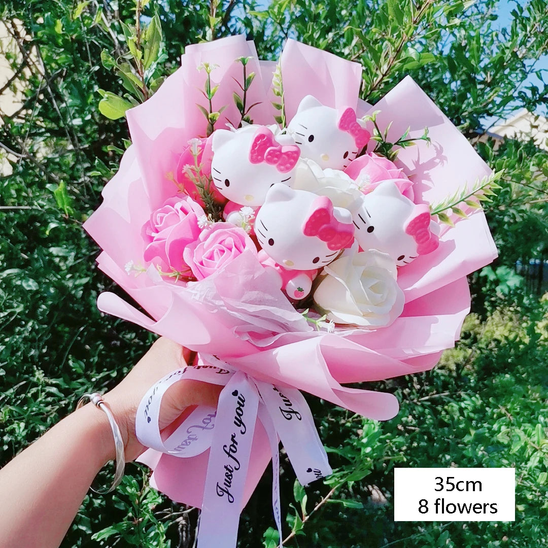 Hello Kitty Plush Bouquet — Anime Rose Soap Flowers for Wedding & Home Decor
