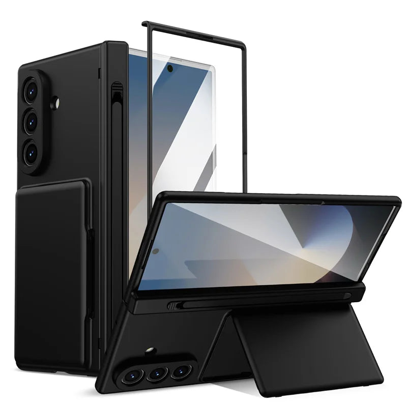 Samsung Galaxy Z Fold Series Hinge Wallet Case - Card Slots, S Pen Holder, Screen Protector Film, and Protective Cover for Fold 5, 6, 7, and 8