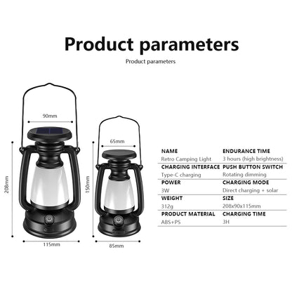 USB Rechargeable Camping Light - Portable Lanterns for Hanging Tent - 3000-5000K Stepless Dimming with Solar Charging