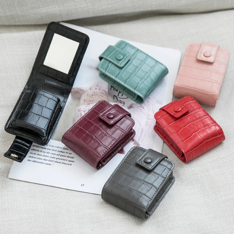 Mini Portable Lipstick Bag with Mirror - Small Cosmetic Bag with Button, Crocodile Embossed Women's Makeup Storage Case