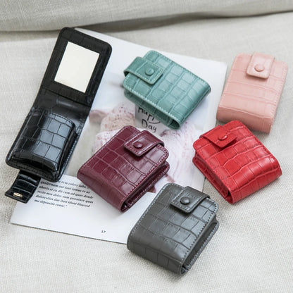 Mini Portable Lipstick Bag with Mirror - Small Cosmetic Bag with Button, Crocodile Embossed Women's Makeup Storage Case