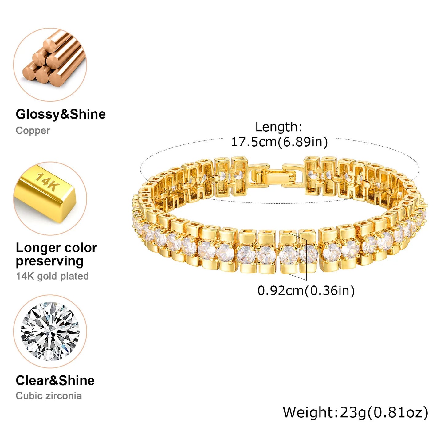 14K Gold Plated Paperclip Chain Bracelet with Cubic Zirconia Chunky Adjustable Link Jewelry for Women
