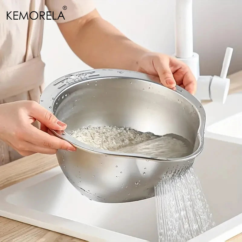 Stainless Steel 304 Rice Washer Strainer Bowl – Multi-Use Sieve Colander for Fruit, Vegetables and Kitchen Tools