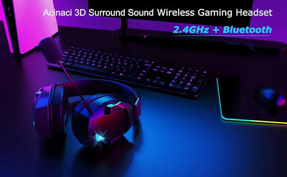 Gaming Headset with Detachable Noise-Cancelling Microphone — 2.4G Bluetooth, USB & 3.5mm Wired 3-Mode Multi-Device Headphones