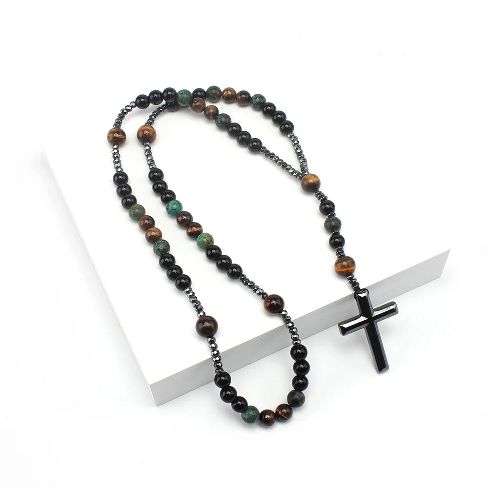 Natural Stone African Turquoise & Tiger Eye Rosary Necklace – Beaded Cross Pendant Religious Jewelry for Men & Women Spiritual Gift