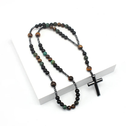 Natural Stone African Turquoise & Tiger Eye Rosary Necklace – Beaded Cross Pendant Religious Jewelry for Men & Women Spiritual Gift
