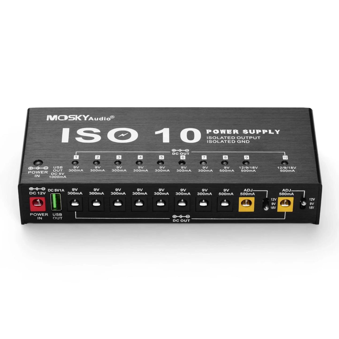 MOSKY ISO 10 Guitar Effect Pedal Power Supply – 10 Isolated DC Outputs, 5V USB Output, 9V 12V 18V Protection for Guitar Accessories