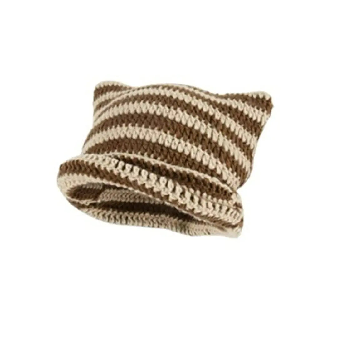 Stay Trendy and Warm: Cute Cat Ears Beanie Hats for Women - Winter Striped Korean Punk Gothic Y2K Wool Knitted Streetwear Bucket Cap, Handmade Crochet Design