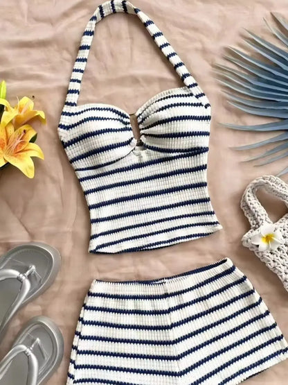 Summer Textured Knit Halter Top & Shorts Set - Classic Nautical Stripe Two-Piece Breathable Outfit
