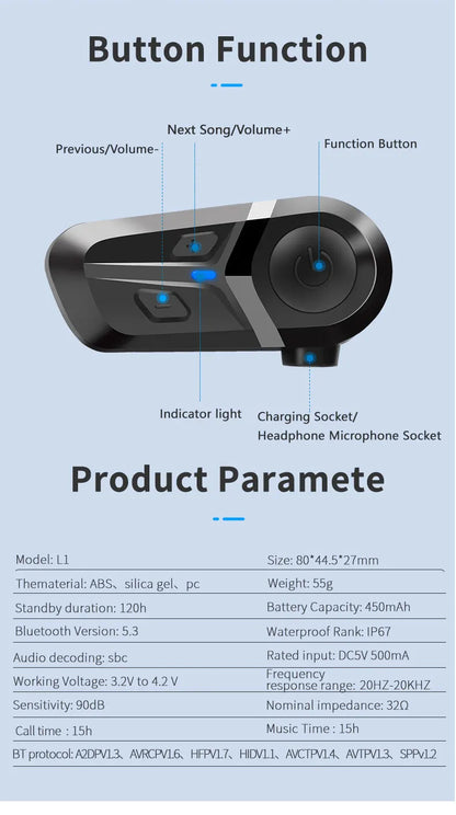 Bluetooth 5.3 Wireless Motorcycle Helmet Headset - Waterproof Earphone with Hands-Free Call & Music Player for Moto Helmet