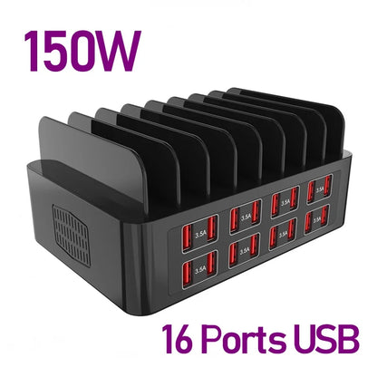 150W Universal Multi USB Fast Charger – 16-Port 3.5A Max Charging Station Stand for iPad, iPhone 14/13, Samsung S22, Xiaomi Tablet