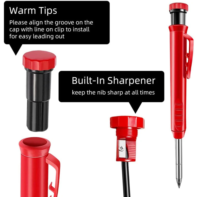 Complete Carpenter Pencil Set - Includes 6 Refill Leads and Built-in Sharpener - Ideal Marking Tool for Woodworking and Deep Hole Precision - Mechanical Pencils