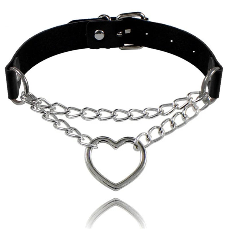 Harajuku Punk Rock Gothic Choker Necklace – PU Leather Heart Lock, Key, Spike Collar, Cosplay Accessories for Women
