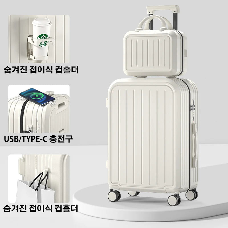 Large Capacity Trolley Suitcase – 20/22/24/26/28" Travel Luggage with Cup Holder for Business & Leisure