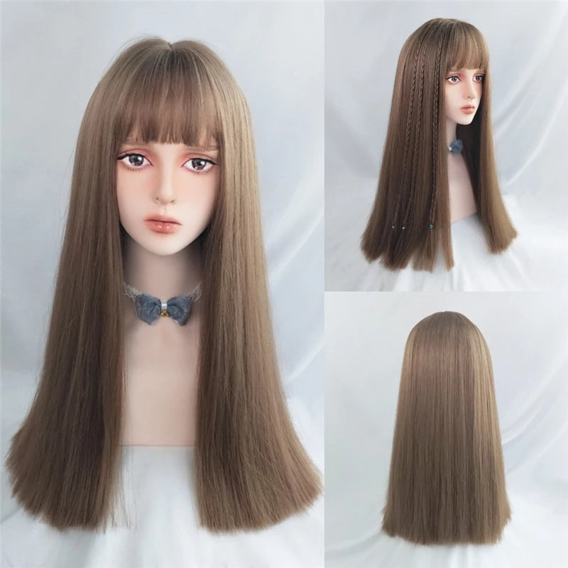 MSIWIGS Women's Synthetic Cosplay Lolita Wigs: Blue Pink Blonde Red Long Straight Hair with Cut Bangs for Party Lady Girl