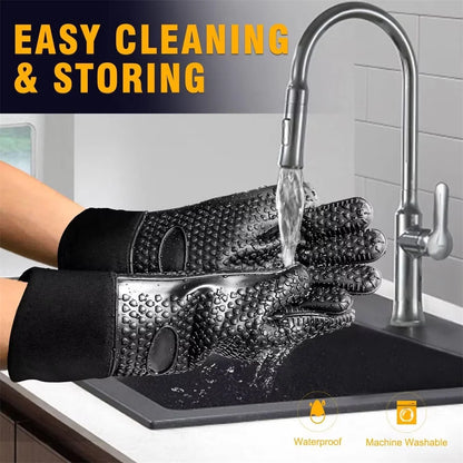 Heat-Resistant Silicone Gloves – Non-Slip Oven Mitts for Kitchen, BBQ, Baking & Cooking with Canvas Stitching