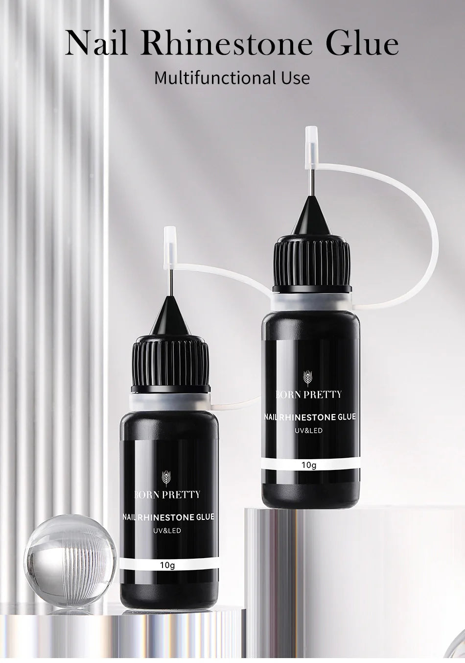 BORN PRETTY 10g Gel Nail Glue for Rhinestones - Super Adhesive, No Wipe Nail Gem Glue for 3D Crystals, Beads, Diamonds & Stickers