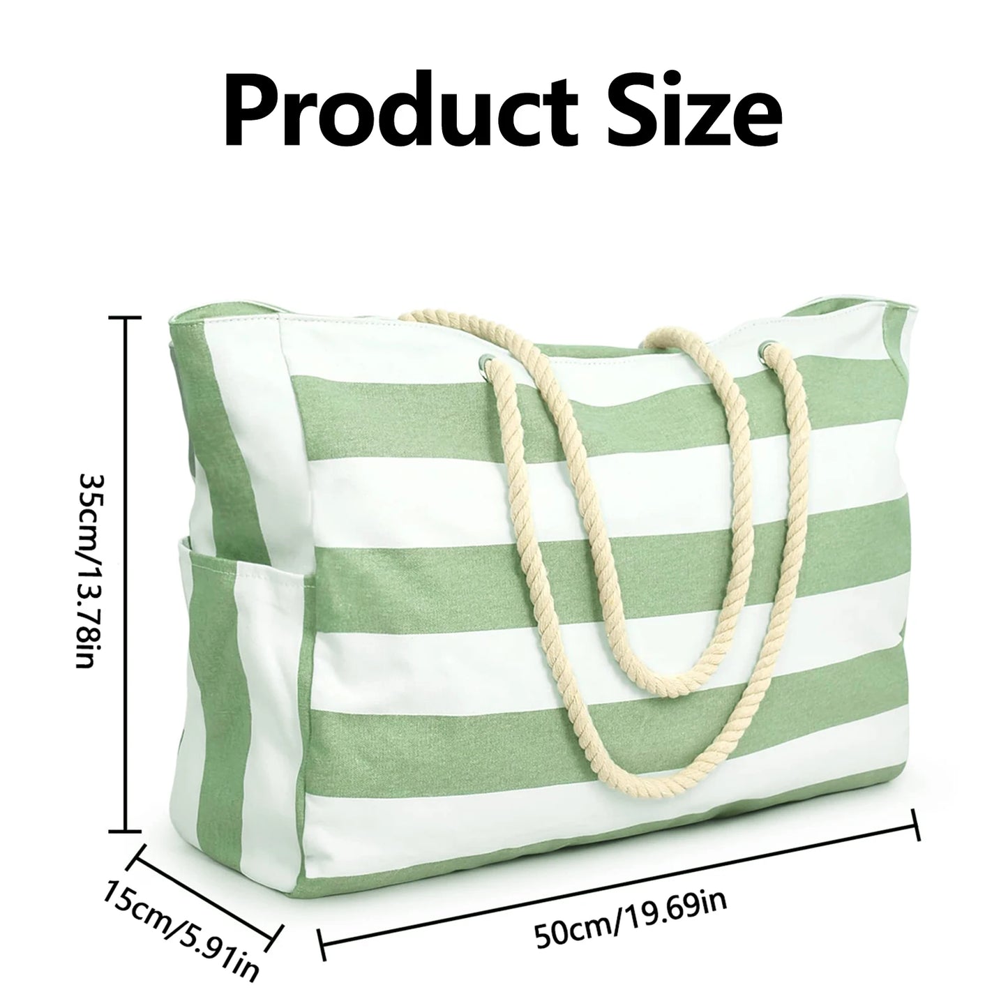 Striped Waterproof Canvas Beach Bag – Zippered Foldable Tote for Outdoor Travel and Vacation, Sand-Resistant Design