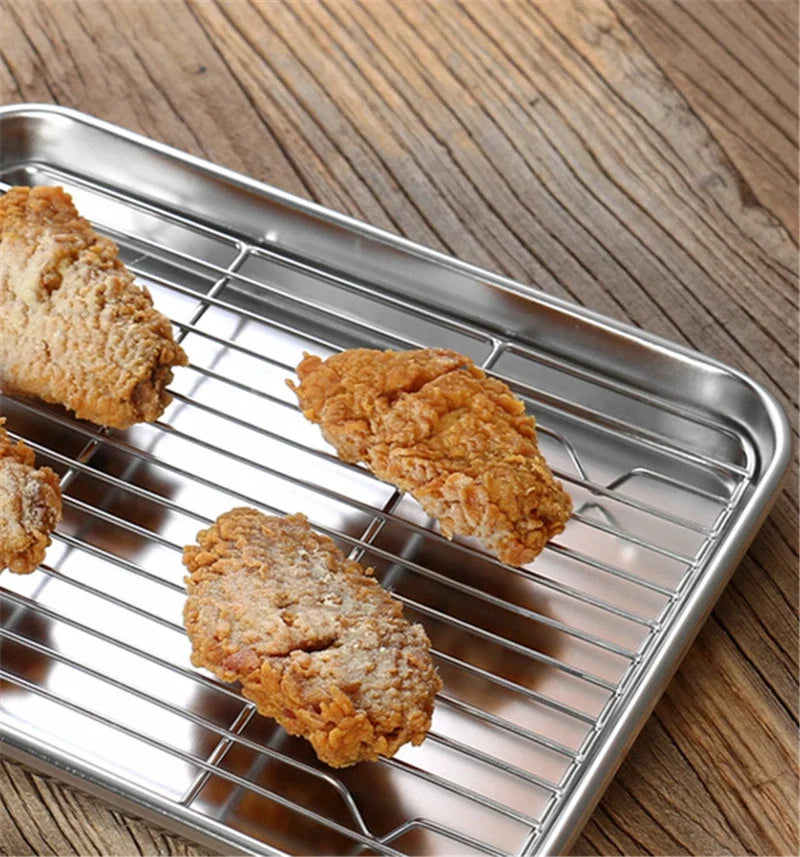 304 Stainless Steel Baking Tray with Wire Rack — Cake, BBQ, Oven, Roasting & Grilling Pan Tool