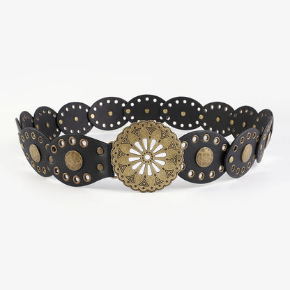 New Retro Western Cowboy Belt – Personality Round Hollow Metal Wide Belt for Women