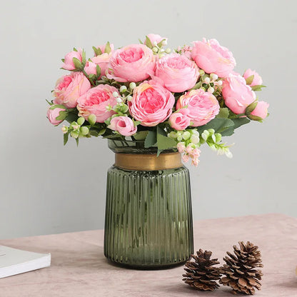 30cm Rose Pink Peony Silk Bouquet Artificial Flower, 5 Big Heads & 4 Small Buds for Wedding & Home Decor
