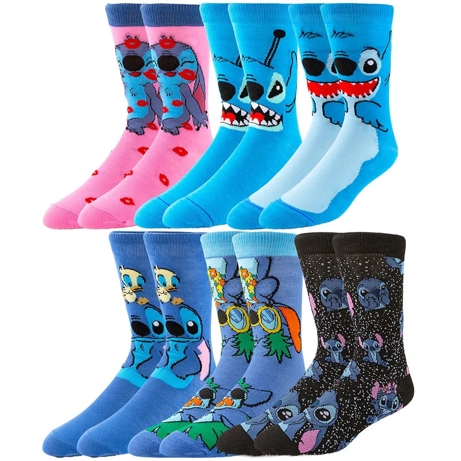 5/6 Pairs Miniso Disney Lilo & Stitch Socks – Hip Hop Street Style Anime Crew Socks for Men and Women, Novelty Cute Casual Socks