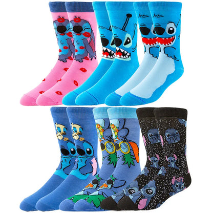 5/6 Pairs Miniso Disney Lilo & Stitch Socks – Hip Hop Street Style Anime Crew Socks for Men and Women, Novelty Cute Casual Socks